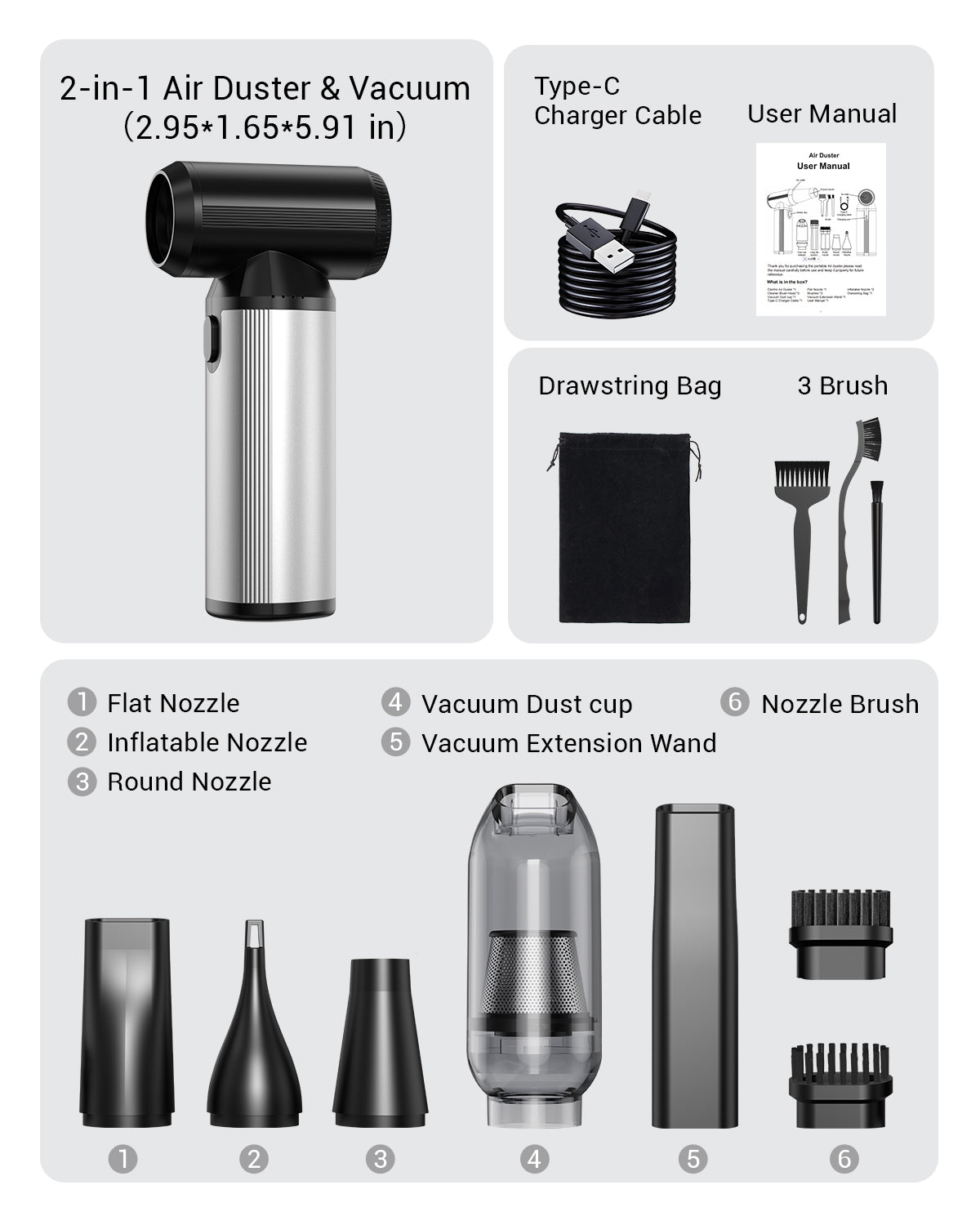 Compressed Air Duster, 2-in-1 Electric Air Duster & Vacuum-Rechargeable with High-Power Brushless Motor